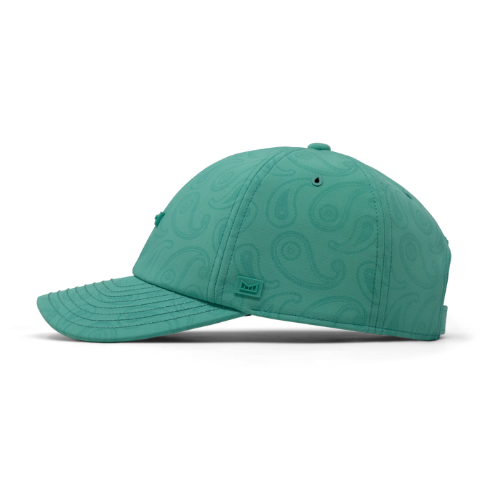 The side view of the melin Performance Dad Hat The Legend Links Hydro  in  Neon Aqua