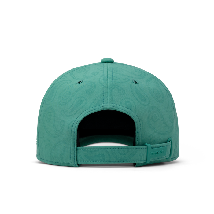 The back view of the melin Performance Dad Hat The Legend Links Hydro  in  Neon Aqua