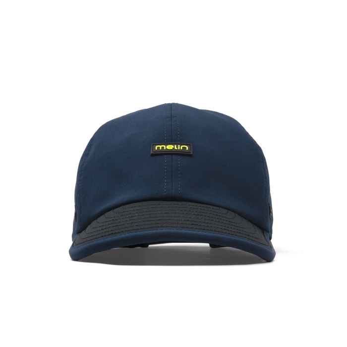 The front view of the melin Performance Dad Hat The Legend MPH Hydro in  Black Iris / Black