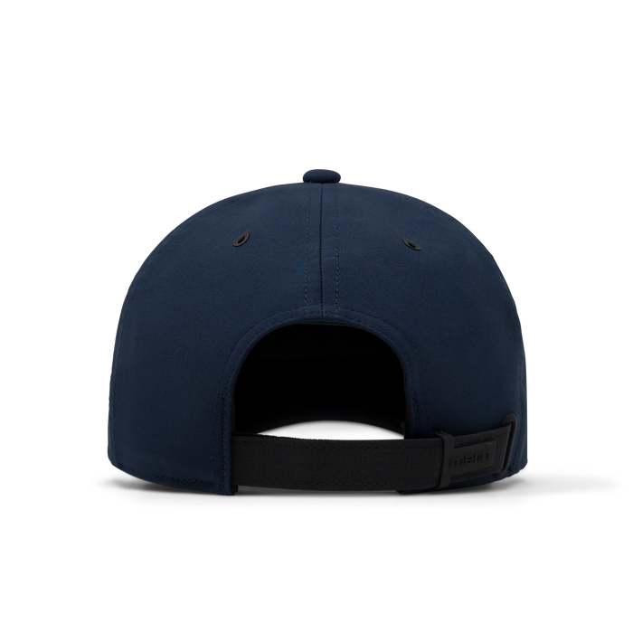 The back view of the melin Performance Dad Hat The Legend MPH Hydro in  Black Iris / Black