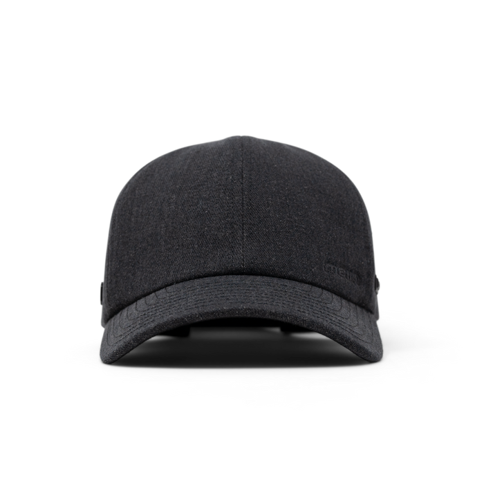 The front view of the melin The Legend Thermal  Performance Dad Hat in Black Denim