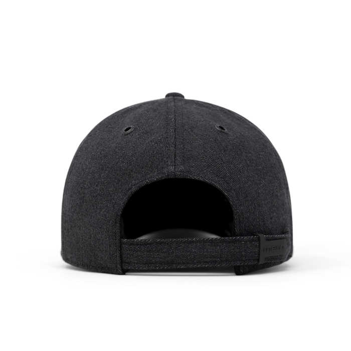 The back view of the melin The Legend Thermal  Performance Dad Hat in Black Denim