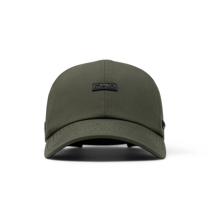 The front view of the melin The Legend Thermal  Performance Dad Hat in Military