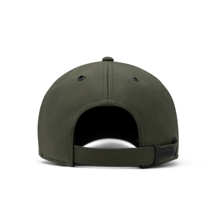 The back view of the melin The Legend Thermal  Performance Dad Hat in Military