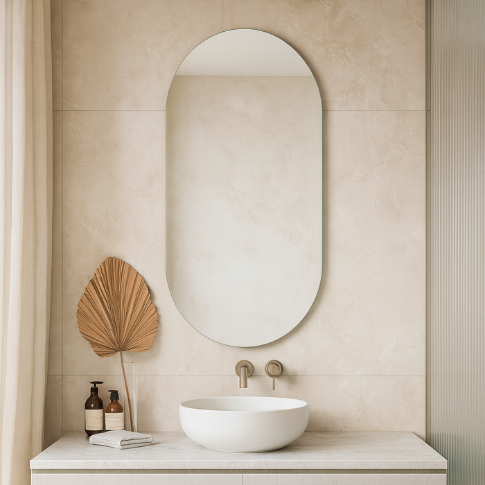 Thermogroup Pill Polished Edge Mirror - 500mm x 1000mm in resort style bathroom