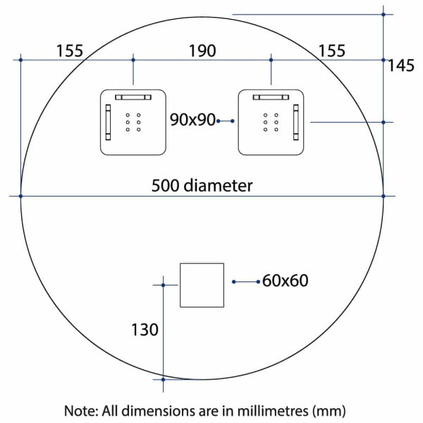 Technical Drawing: 500 Thermogroup Round Polished Edge Mirror