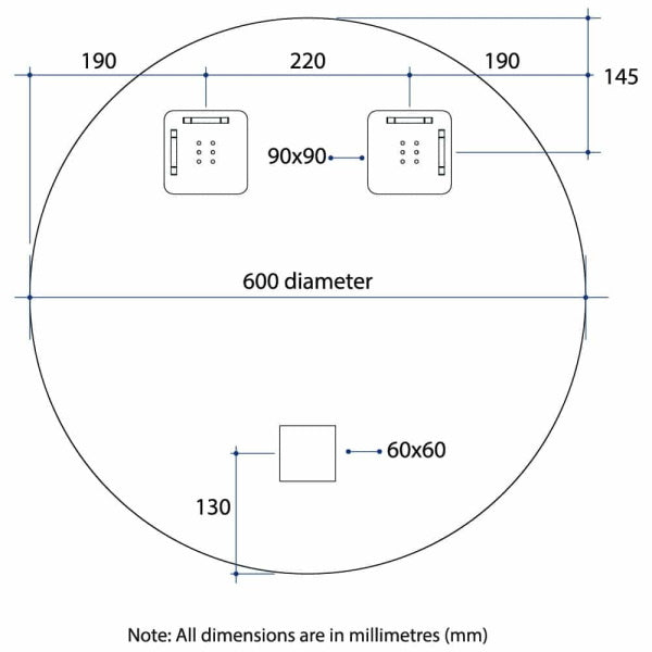 Technical Drawing: 600 Thermogroup Round Polished Edge Mirror With Demister