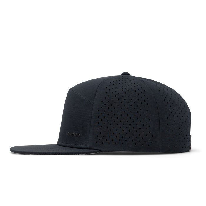 The side view of melin's Trenches Hydrolite snapback hat in Black