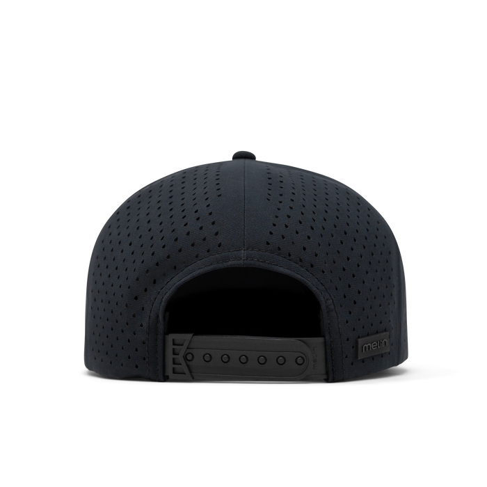 The back view of melin's Trenches Hydrolite snapback hat in Black