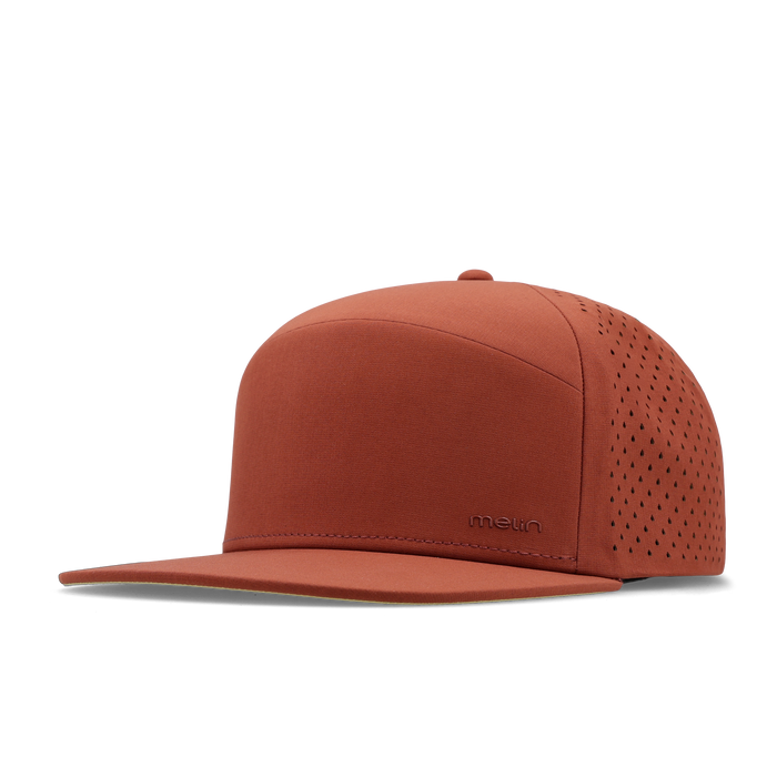 The angled view of the melin Horizon Fit Trenches Hydrolite hat in burnt brick