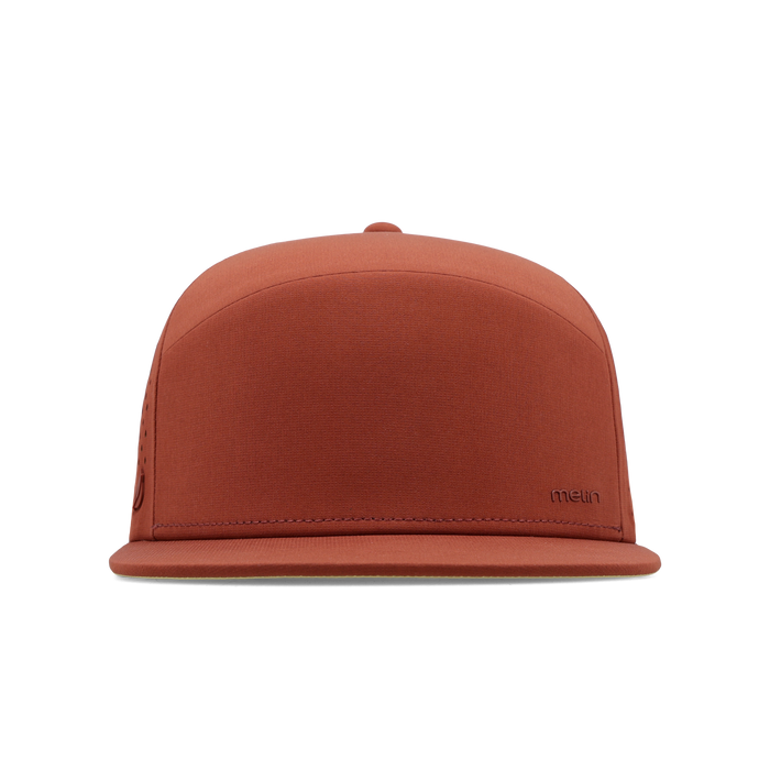 The frontal view of the melin Horizon Fit Trenches Hydrolite hat in burnt brick