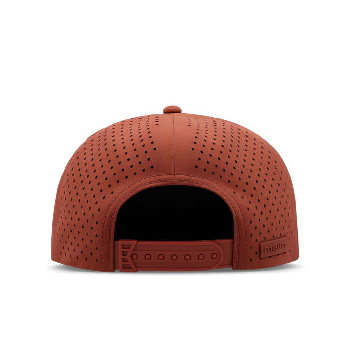 The back view of the melin Horizon Fit Trenches Hydrolite hat in burnt brick