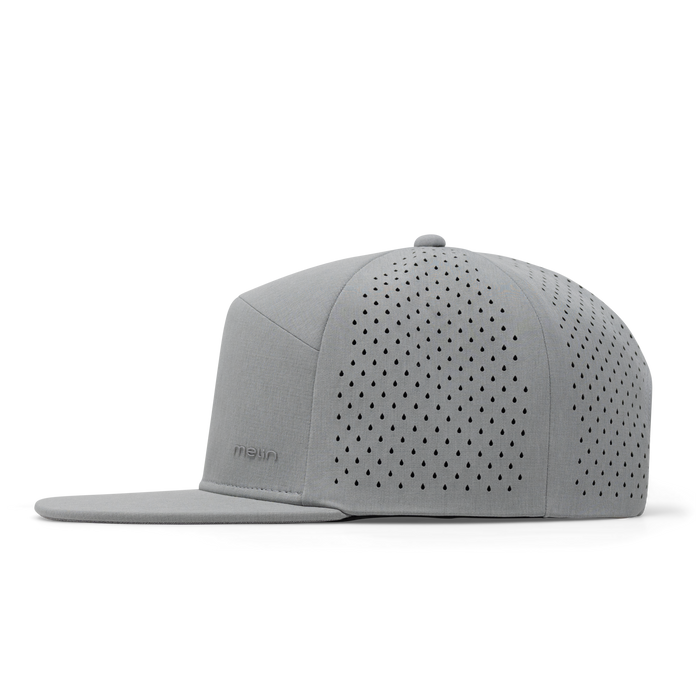 The side view of the melin Trenches Hydrolite  Horizon Fit in  Heather Grey