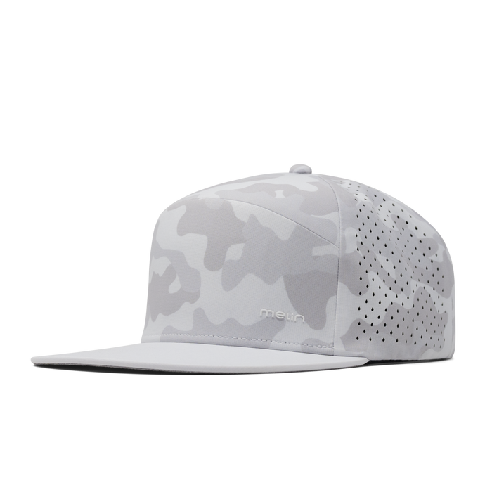 The front, angled view of the melin Trenches Hydrolite  Horizon Fit in  Snow Camo