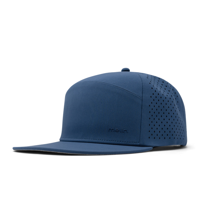 The front, angled view of melin's Trenches Hydrolite snapback hat in Steel Blue