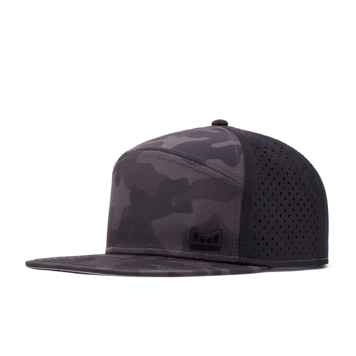The angled view of the Melin Horizon Fit Treches Icon Hydro hat in black camo
