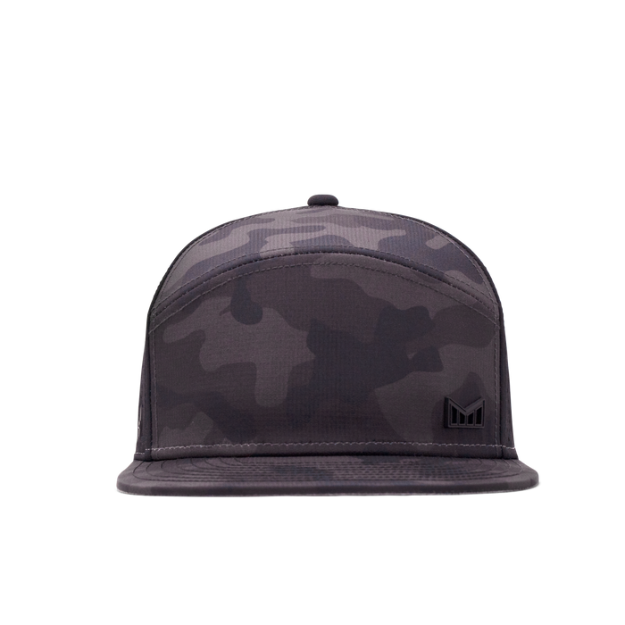 The frontal view of the Melin Horizon Fit Treches Icon Hydro hat in black camo
