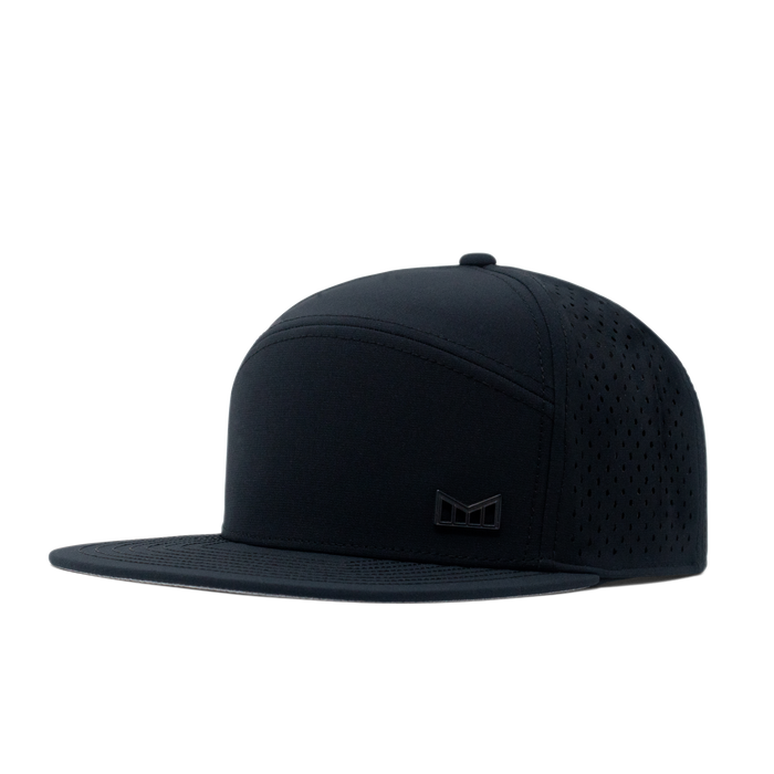 The angled view of the Melin Horizon Fit Treches Icon Hydro hat in black