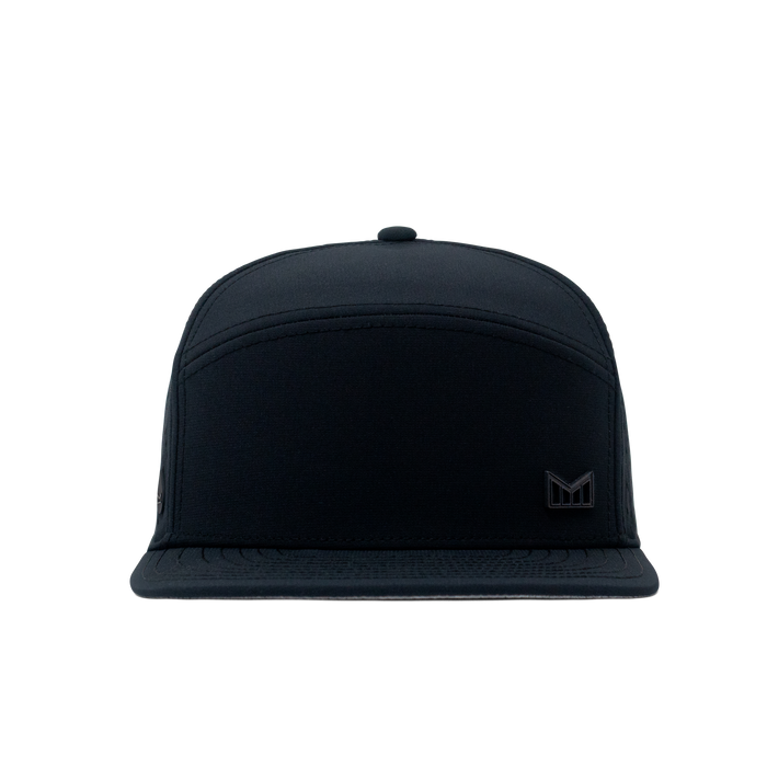 The frontal view of the Melin Horizon Fit Treches Icon Hydro hat in black
