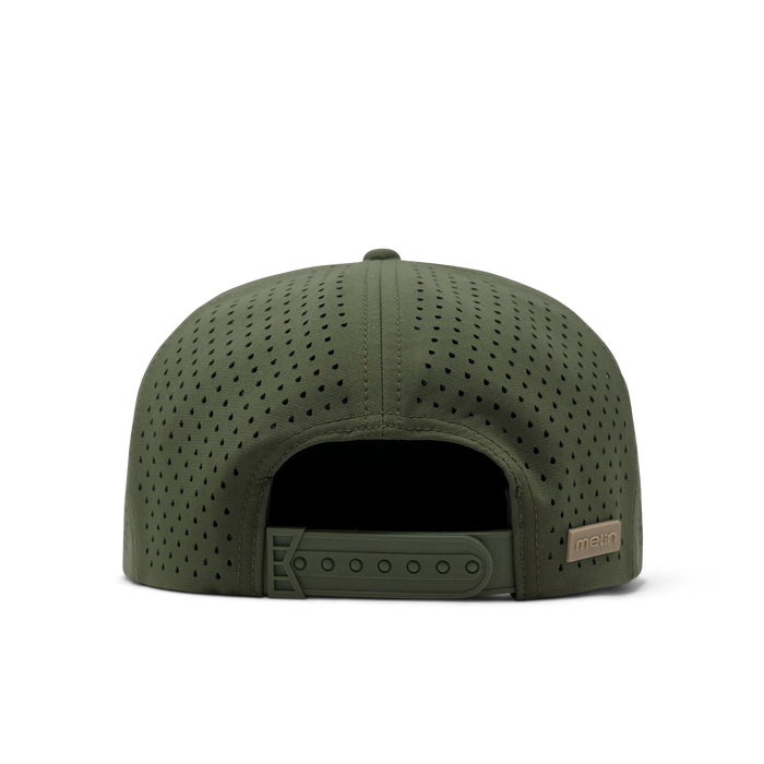 Khaki perforated baseball cap with snap back closure and embroidered logo patch on side.