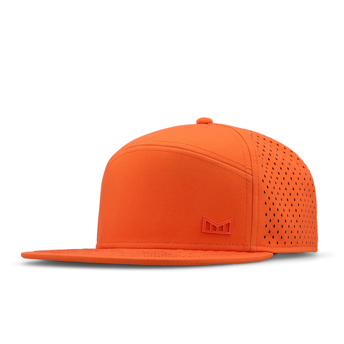 Bright orange snapback cap with perforated mesh panels on the back and embroidered logo on front.