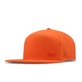 Bright orange snapback cap with perforated mesh panels on the back and embroidered logo on front.
