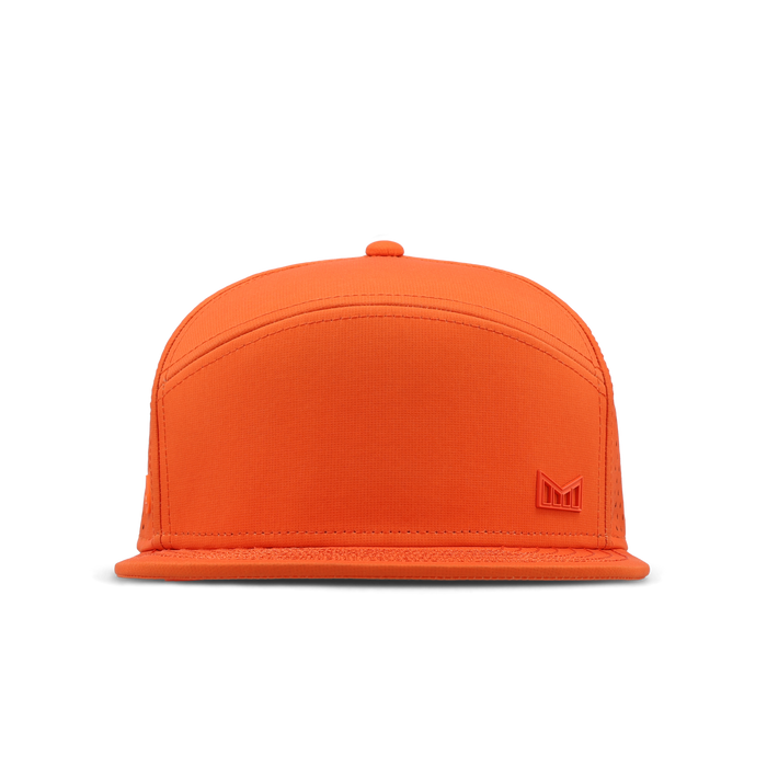 Orange snapback cap with embroidered logo on front panel and structured six-panel design.