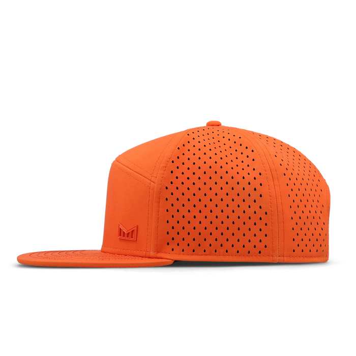 Orange snapback cap with perforated ventilation holes and tonal logo on the front panel.