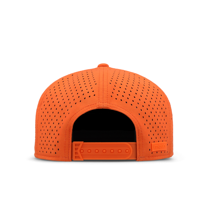 Orange perforated baseball cap with black interior and adjustable back strap.