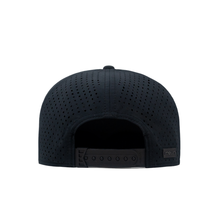 The rear view of the Melin Horizon Fit Trenches Icon Hydro hat in black