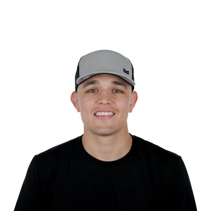 The model-image of the Melin Horizon Fit Trenches Icon Hydro hat in Black / Heather Grey