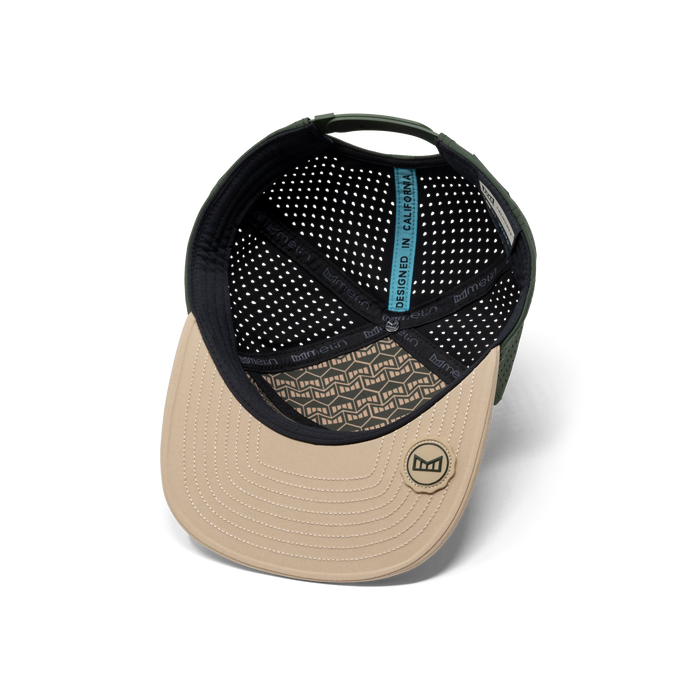 The inside view of the melin Trenches Icon Hydro  Horizon Fit in  Khaki / Kombu Green