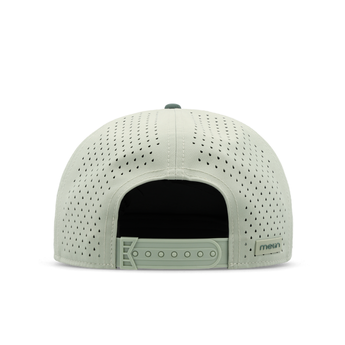 The back view of the melin Horizon Fit Trenches Icon Hydro hat in misty trails