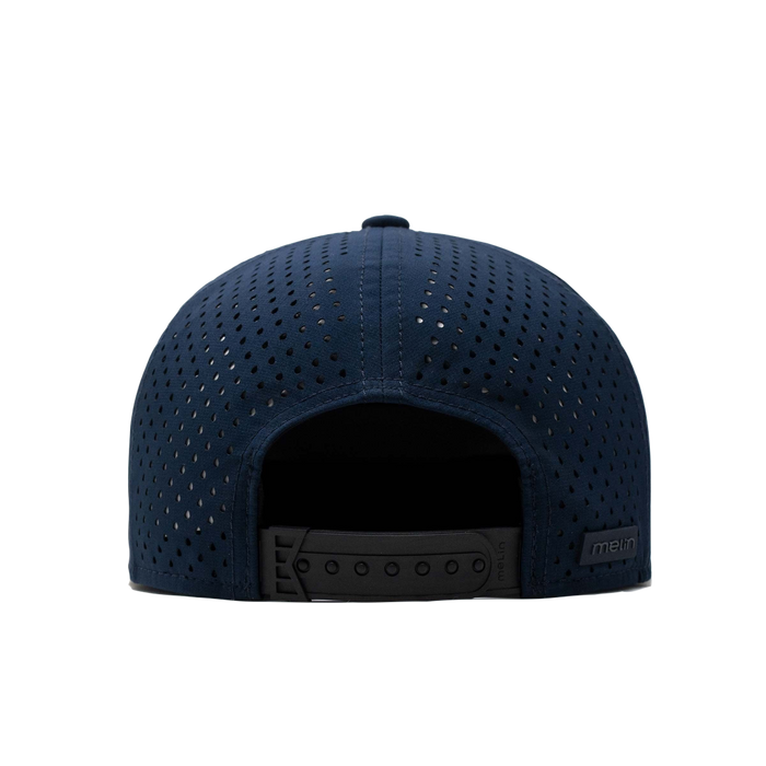 The back view of the Melin Horizon Fit Treches Icon Hydro hat in dark blue