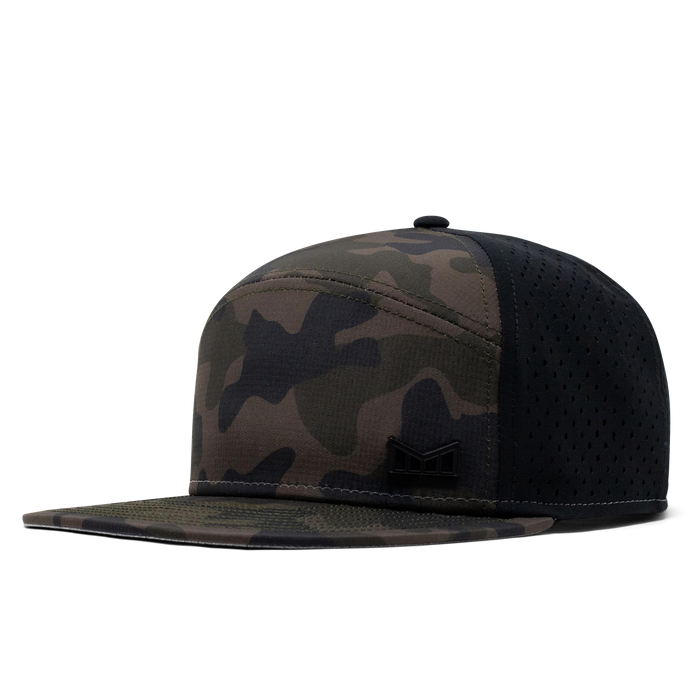 The angled view of the Melin Horizon Fit Treches Icon Hydro hat in green camo
