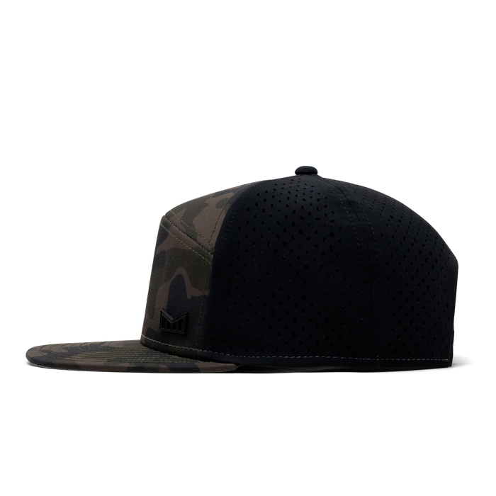 The side view of the Melin Horizon Fit Treches Icon Hydro hat in green camo