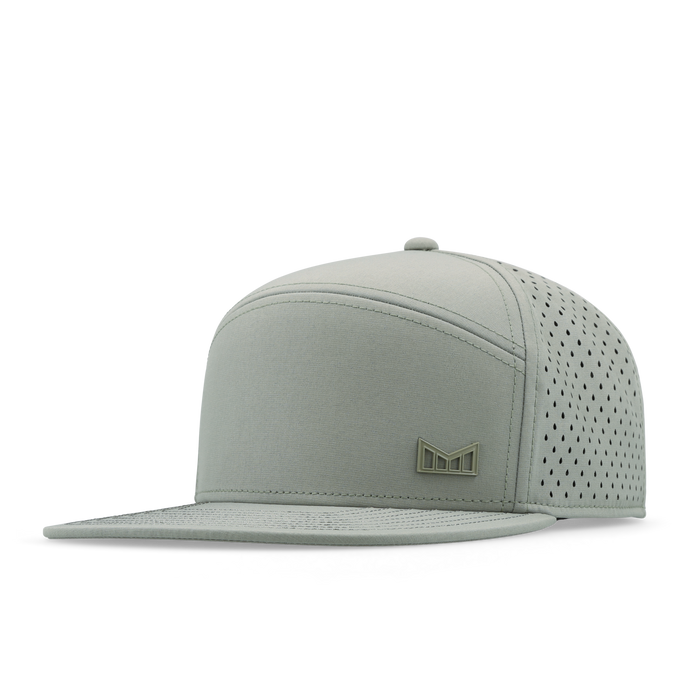 Sage green baseball cap with perforated back panels and small embroidered logo on front.
