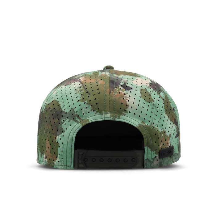 The back view of the melin Horizon Fit Trenches Icon Hydro hat in watercolor camo