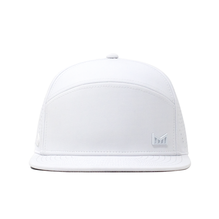The frontal view of the Melin Horizon Fit Trenches Icon Hydro hat in white