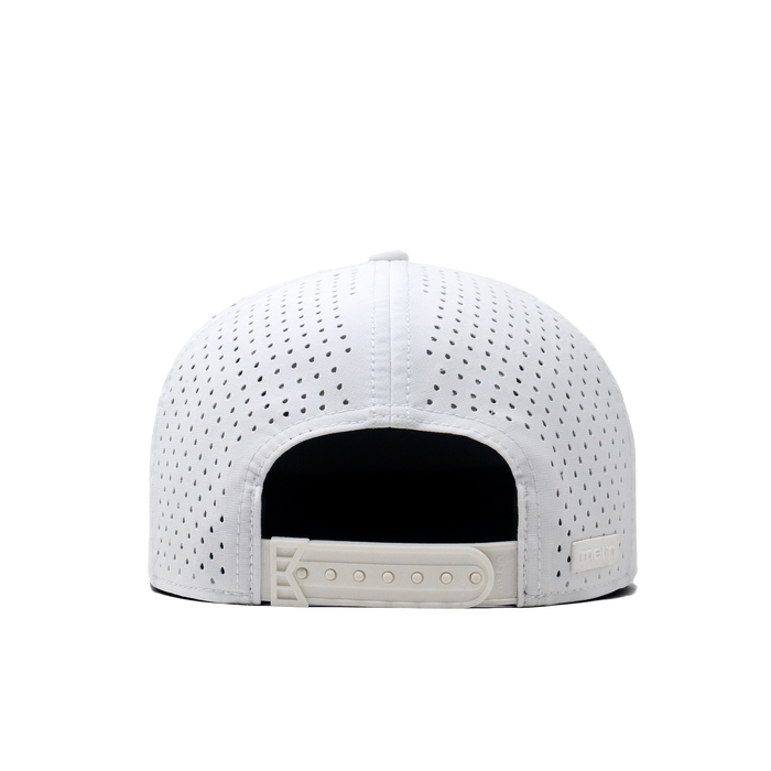 The back view of the Melin Horizon Fit Trenches Icon Hydro hat in white