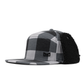 Black and white plaid snapback cap with black fuzzy ear flaps on the side.