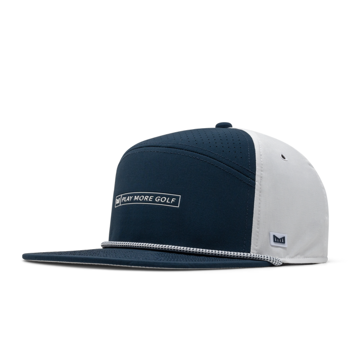 The front, angled view of the melin Trenches Links Drive Hydro  Horizon Fit in  Navy / White