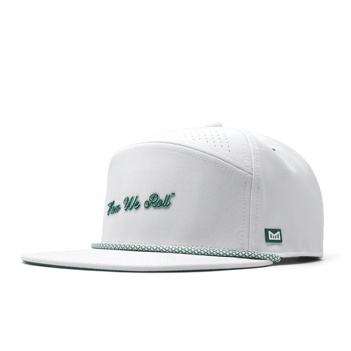 The angled view of melin's Trenches Links Hydro - White / Green