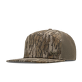 The front, angled view of the melin Horizon Fit Trenches Mossy Oak Hydro hat in Bottomland