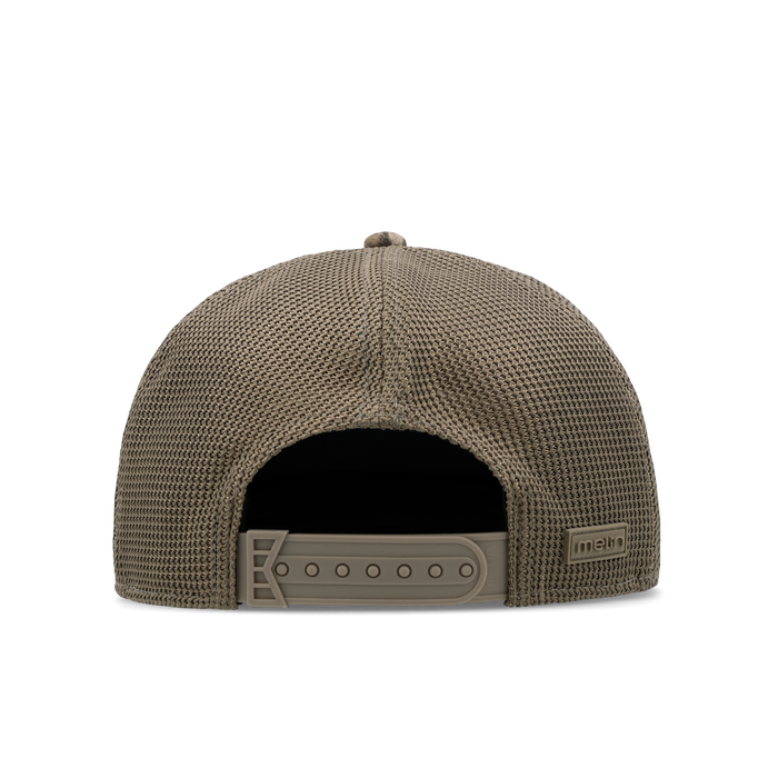 The back view of the melin Horizon Fit Trenches Mossy Oak Hydro hat in Bottomland