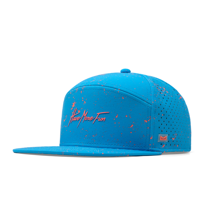 The front, angled view of the melin Trenches Neon Hydro  Horizon Fit in Electric Blue