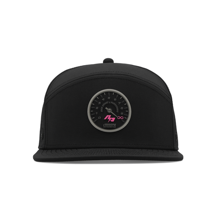 The frontal view of the melin Horizon Fit Hydro Trenches Tach'd hat in black