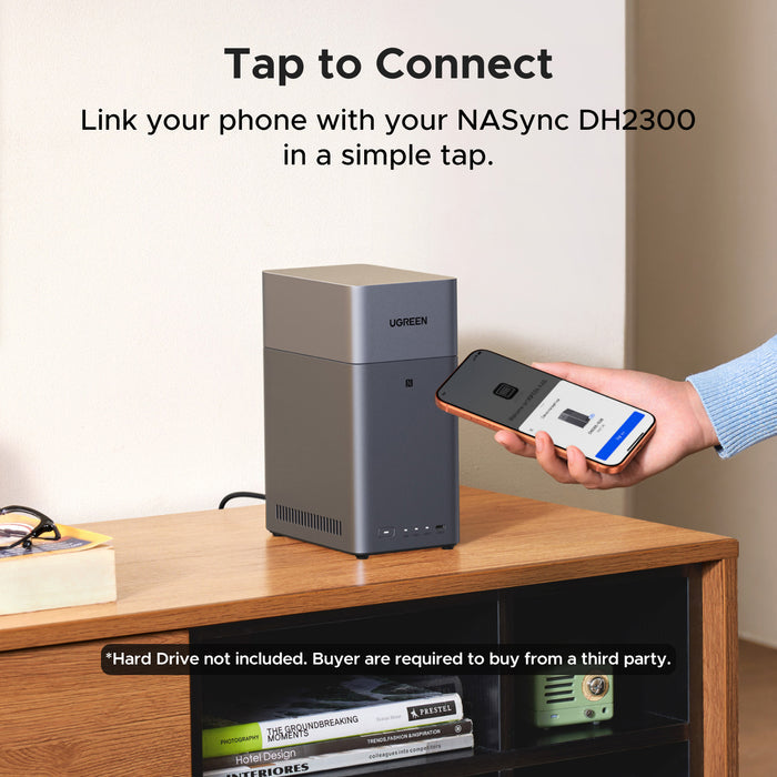UGREEN NASync DH2300 tap-to-connect setup with a smartphone.