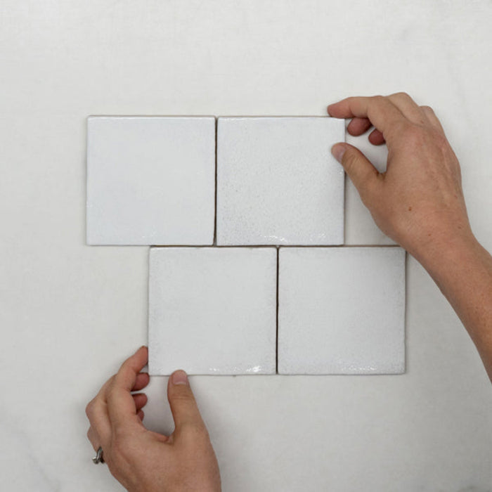 Pattern With Hand White Dianna Zellige Tile 100 x 100 x 9mm Spanish Ceramic  - The Blue Space