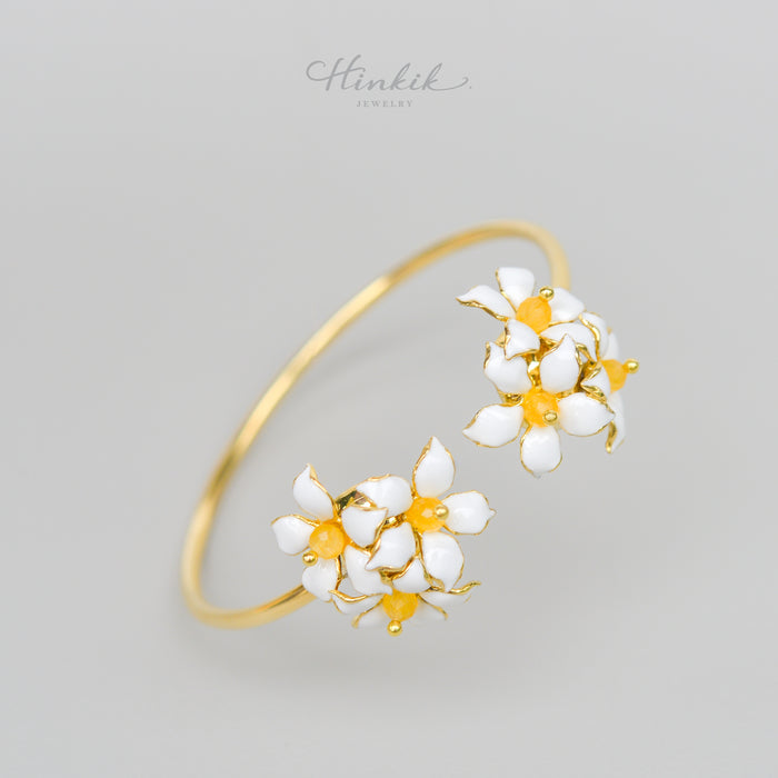 White Enamel Orange Jasmine Flower Cuff Bracelet - Handmade by Hinkik Jewelry